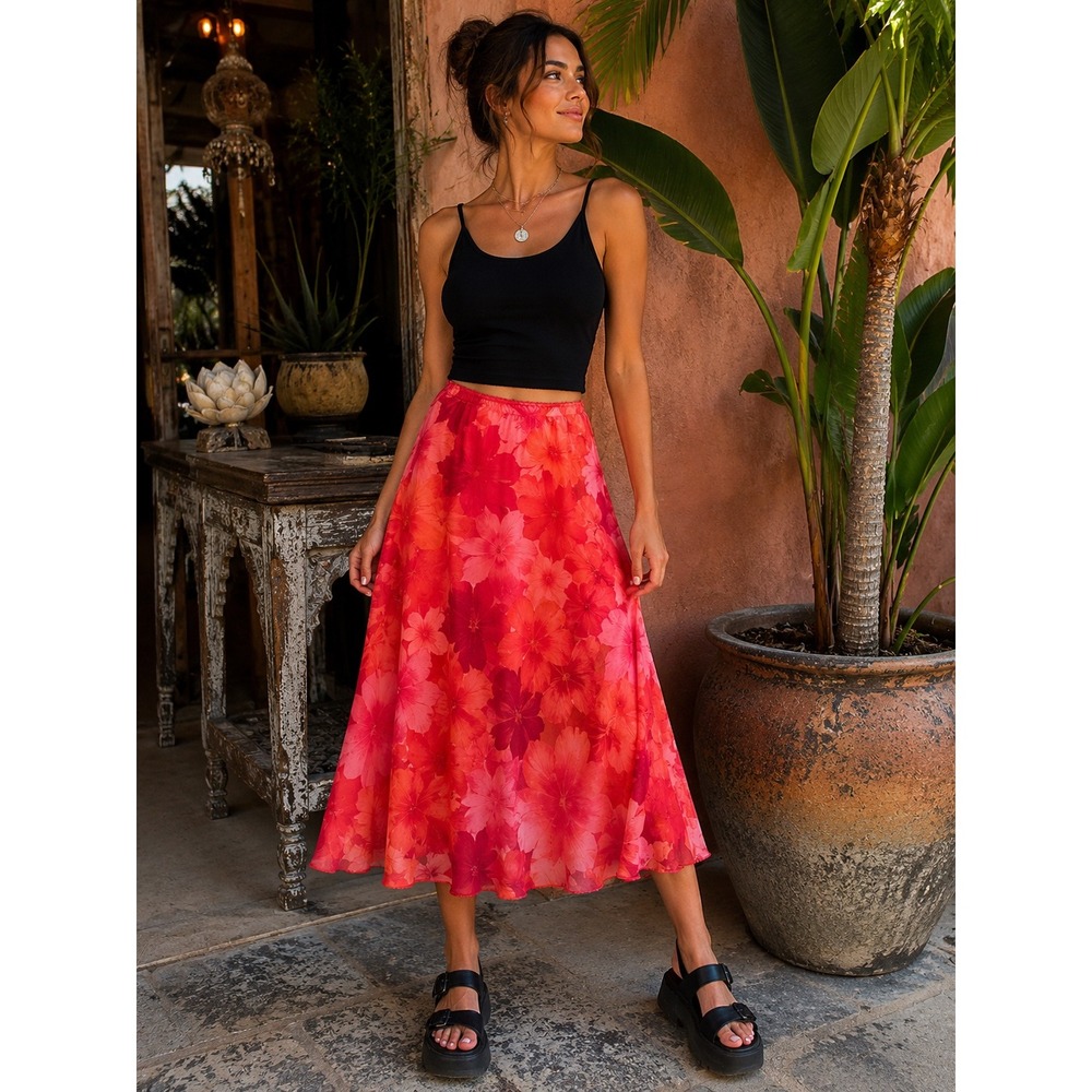 G.A.S. Co. Floral Midi Skirt 14/16 Coral Pink Tropical Hibiscus Elastic Waist